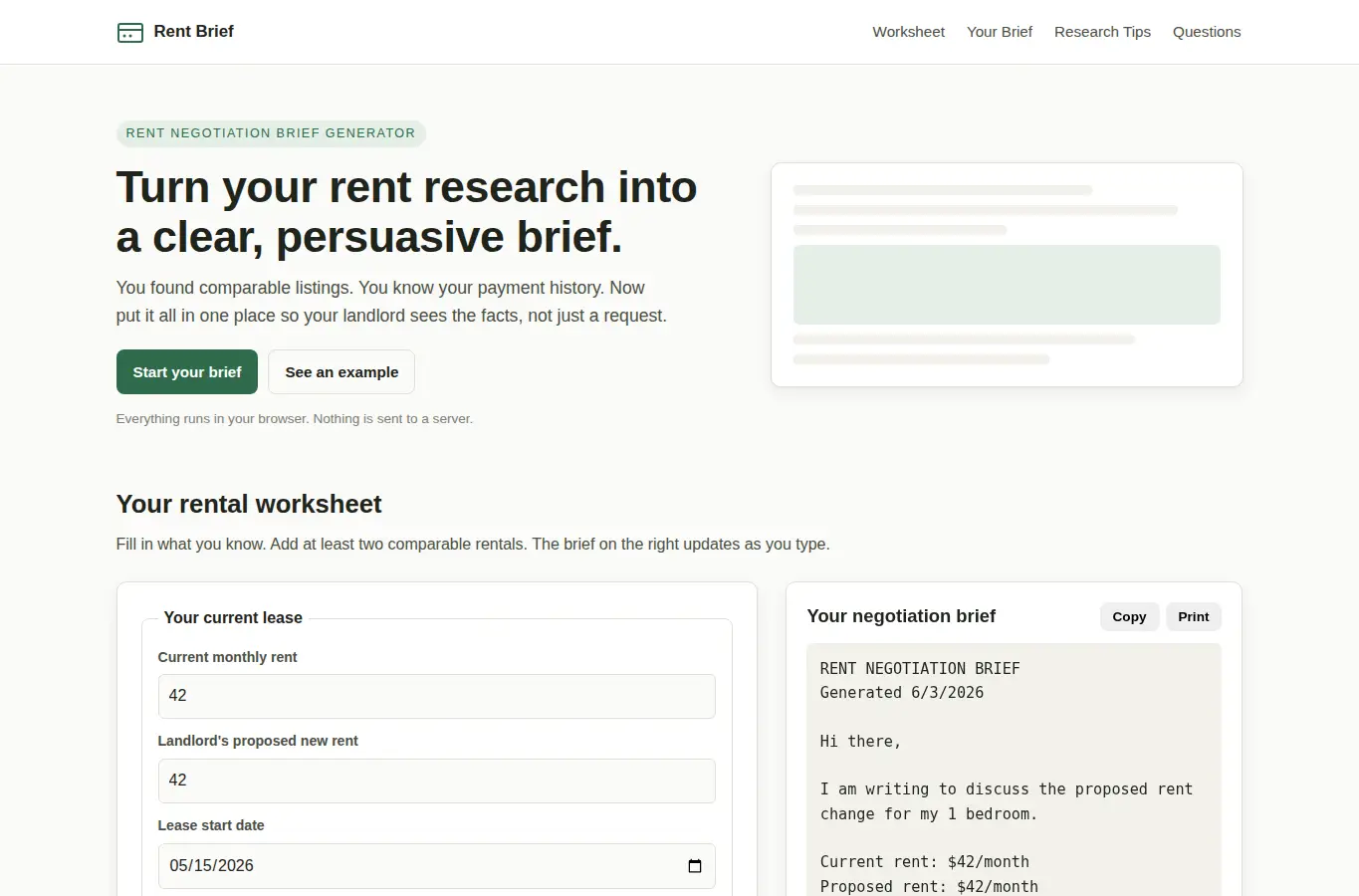 Screenshot of Rent Negotiation Brief Generator interface showing the project page in use
